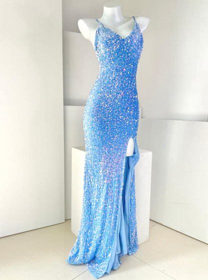 DOLLY Luxury Blue Deep V-Neck Sleeveless Long Fish Tail Sequin Cocktail Dress-AROURA
