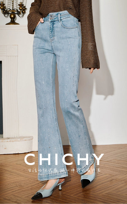 CHICHY hot diamond bootcut blue high-waisted slim pants-KYO