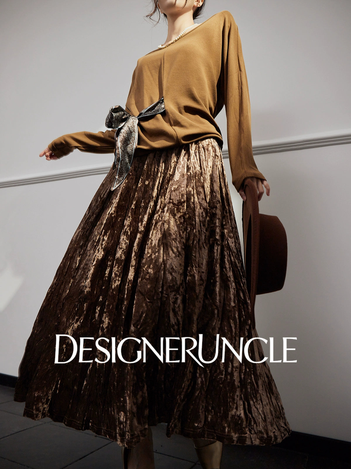 DGU "Mu Brown" brown knitted sweater loose and versatile retro slimming top - David.