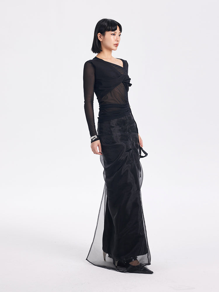 TINY IN black long sleeve slanted shoulder mesh sheer top-DORI