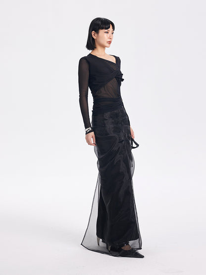 TINY IN black long sleeve slanted shoulder mesh sheer top-DORI