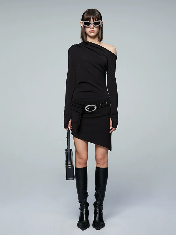 ANNAKIKI Slanted shoulder elastic belt long sleeve dress-CHICHI
