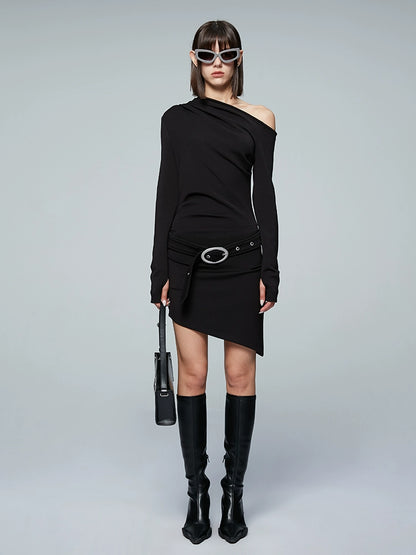 ANNAKIKI Slanted shoulder elastic belt long sleeve dress-CHICHI