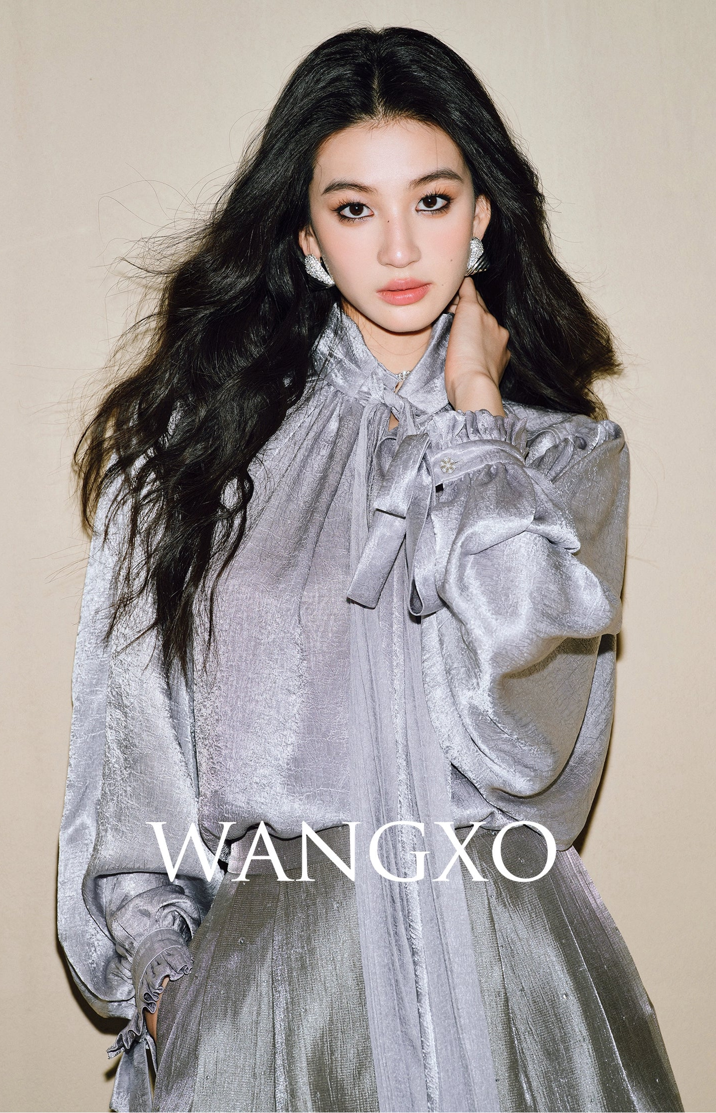 WANGXO | Glossy Satin Scratch & Bright Silk Interlace Pleated Streamer V-Neck Shirt -FÍYA.
