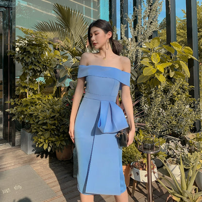 DOLLY Elegant Blue Sleeveless Off Shoulder Chest Wrap Midi Dinner Dress-DARA