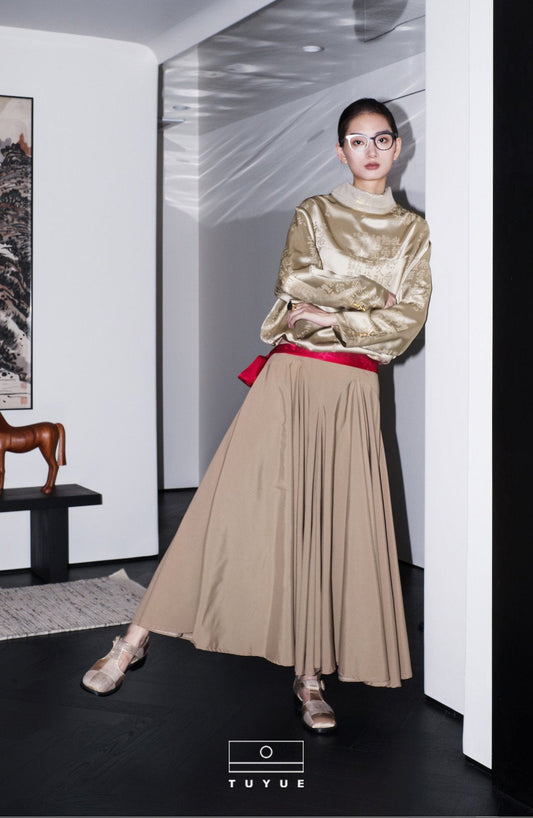 TUYUE Camel Color Simple Large Swing Long Skirt Umbrella Skirt- URIEL.