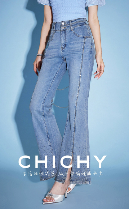 CHICHY French Ladies Blue High-Waisted Hot Diamond Slit Micro Flared Pants-MIJI