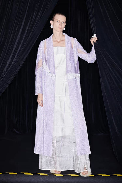 M essential Mackay designer label taro lace paneled pleated embroidery robe - HELEN.