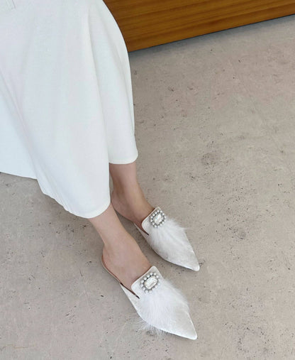 B-FEI rhinestone buckle flat pointed toe slippers for women-ROSS.