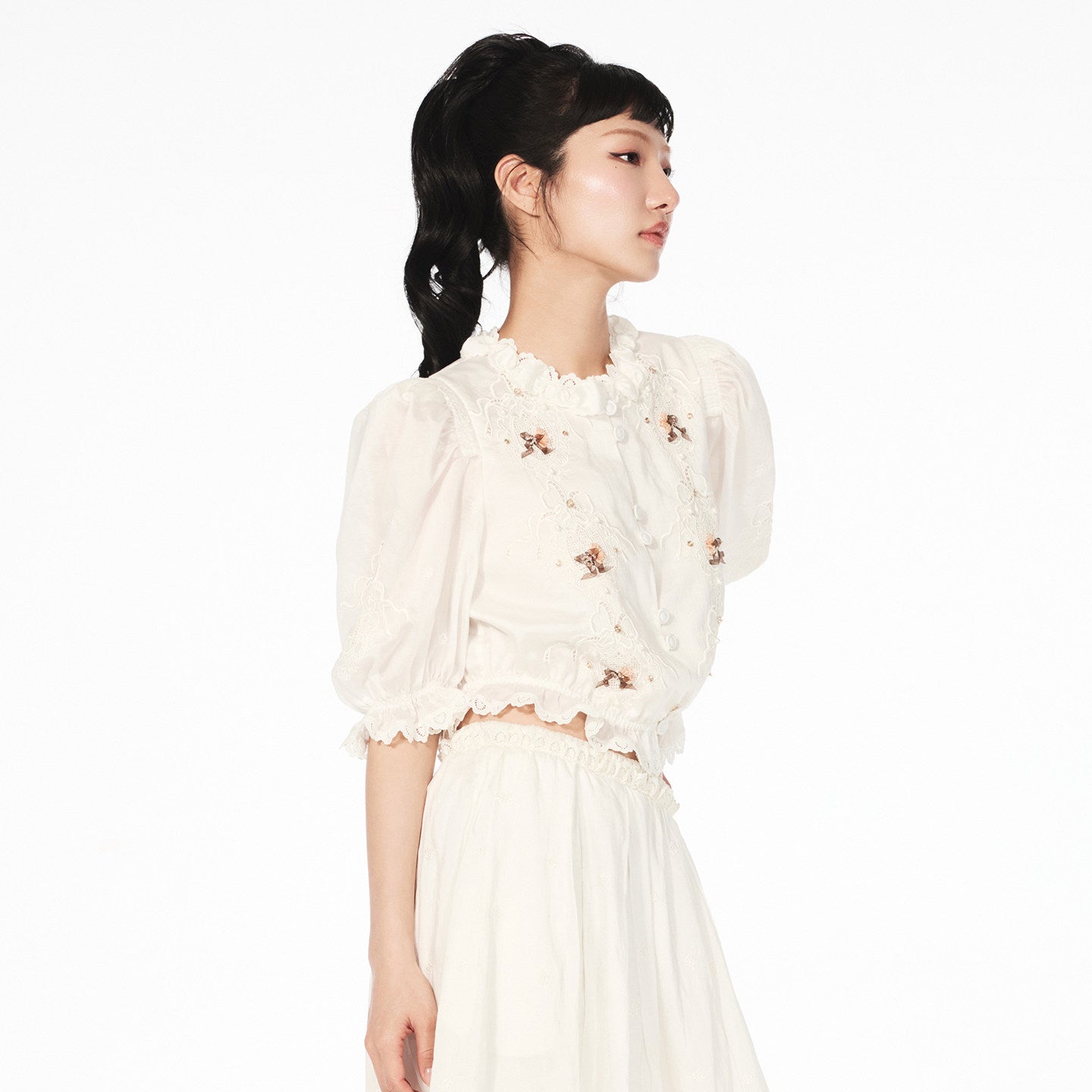 FAME rococo embroidered beaded short-sleeved temperament top - LIAM