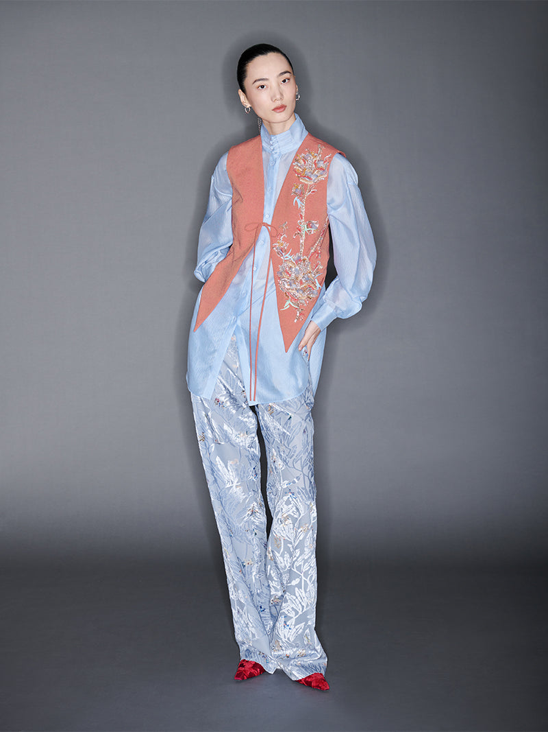 M essential Mackay designer pleated stand-up collar button-down shirt vest pant set - Sunny Hill