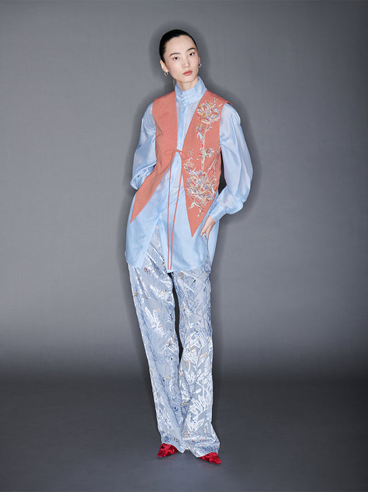 M essential Mackay designer pleated stand-up collar button-down shirt vest pant set - Sunny Hill