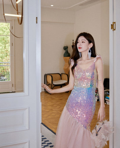 DOLLY Luxury Gradient Deep V-Neck Sleeveless Sequin Long Backless Party Dress-IVETTE