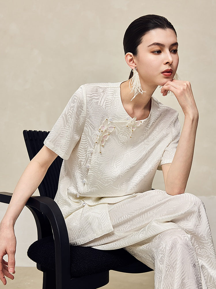 HECO Jacquard Round Neck Short Sleeve Black White Shirt Top Woman - GRACE.