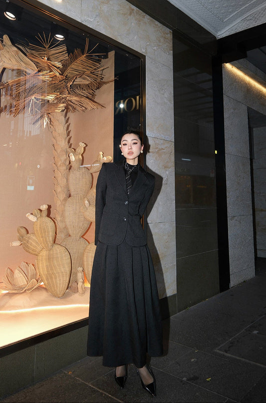 MEI SANGUAN Retro Cropped Jacket & A-Line Skirt Three-Piece Set - ARIETTE