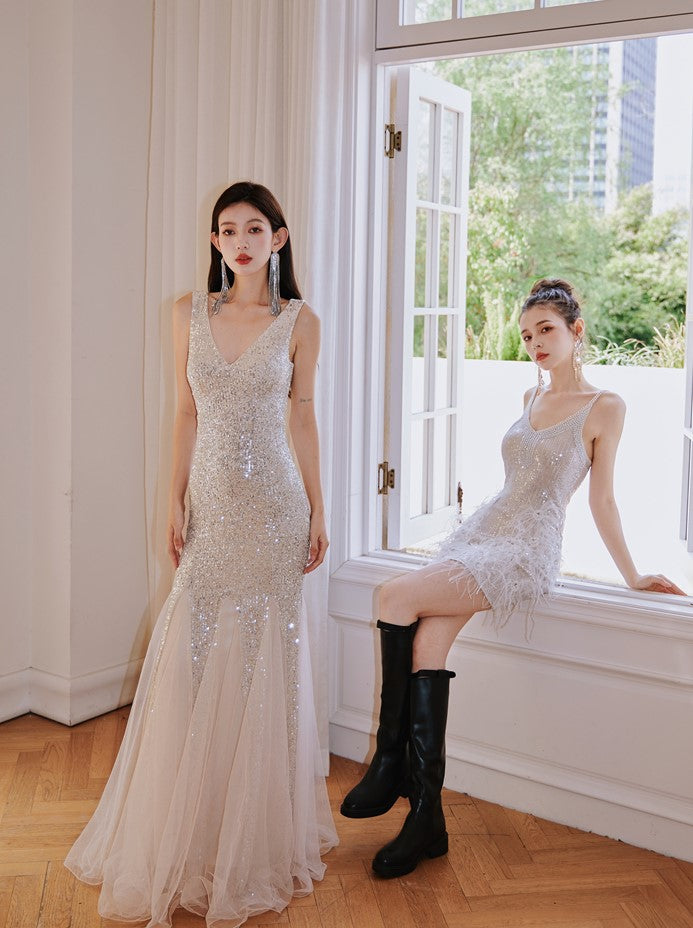 DOLLY Elegant Deep V-Neck Sleeveless Sequin Mesh Long Cocktail Dress-JUSTINA