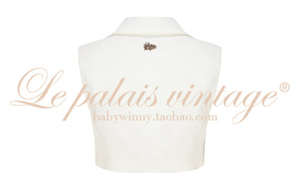 Le palais vintage cropped slim waistcoat with a white deep V suit collar Vest- MEE