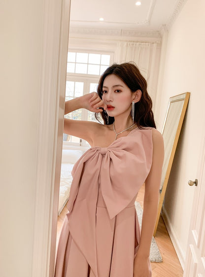 DOLLY High End Retro Style One Shoulder Big Bow Long Dinner Dress-KIKI
