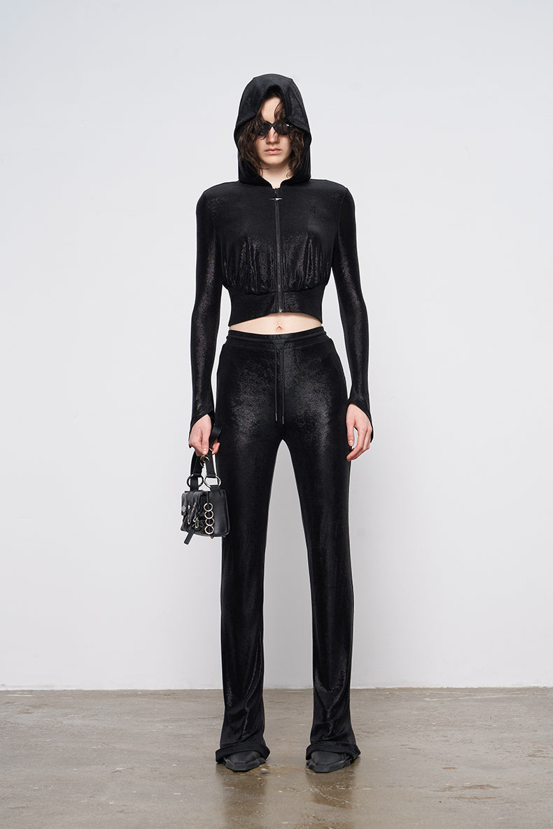 ANNAKIKI Glossy Black Hot Diamond Horseshoe Pants Women's Bootcut Pants-FUMI