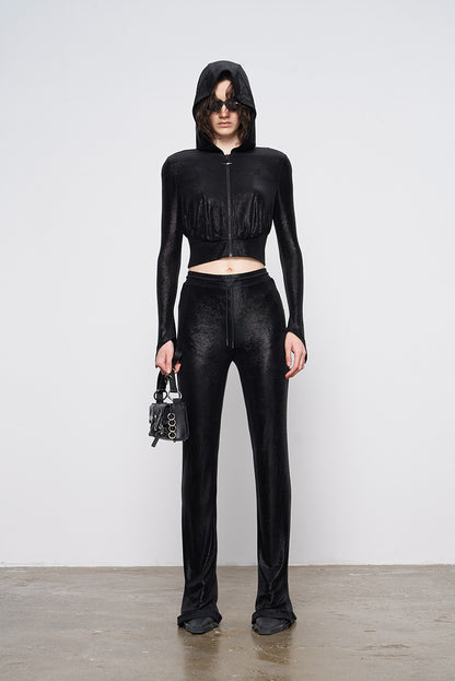 ANNAKIKI Glossy Black Hot Diamond Horseshoe Pants Women's Bootcut Pants-FUMI