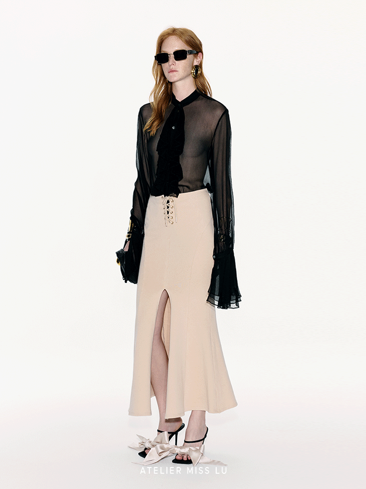 ATELIER MISS LU Court Style Flowing Sheer Mulberry Silk Top - ROSEMARY