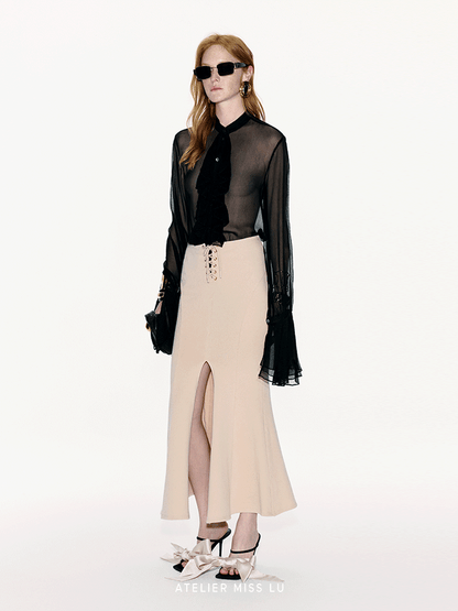 ATELIER MISS LU Court Style Flowing Sheer Mulberry Silk Top - ROSEMARY