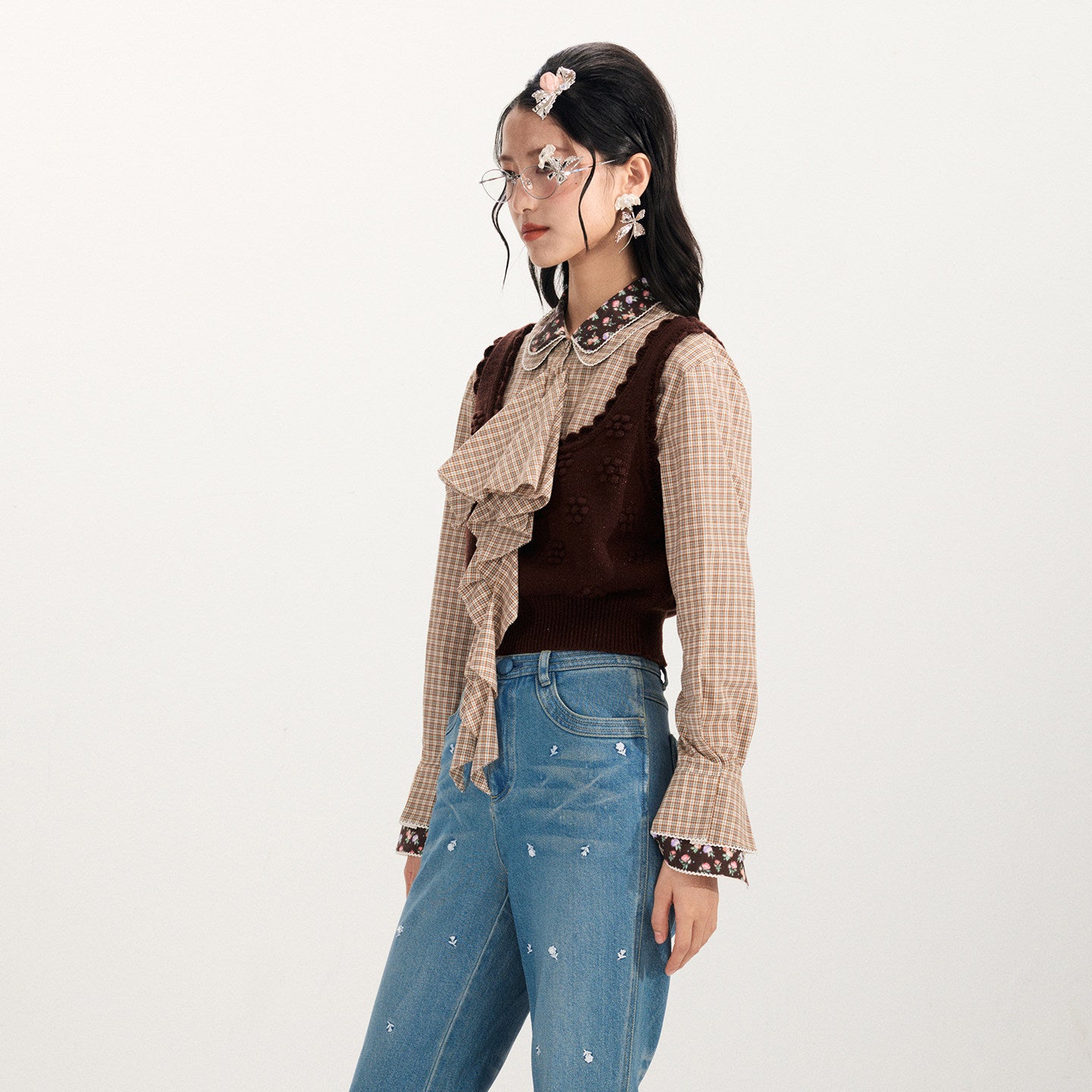 FAME Check Patchwork Vest Fake Two-Piece Knitted Top - DUKE.