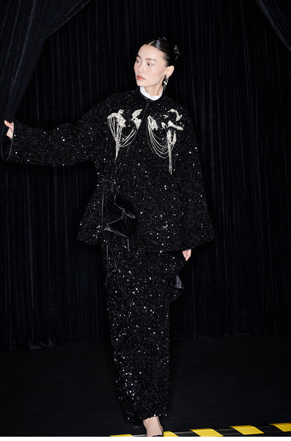 M essential Mackay designer three-dimensional silver orchid catenary beaded jacket - sill.