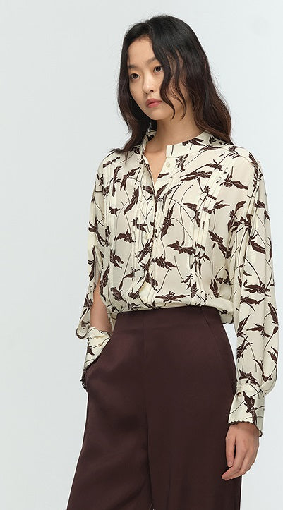 COMME MOI Lu Yan Designer's new women's printed mulberry silk stand-up collar long-sleeved shirt - DESTINY.