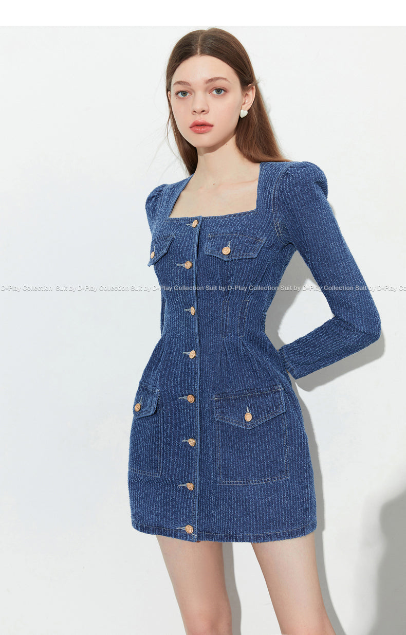 DPLAY fall Autumn Vintage French Square Neck Puff Sleeve Denim dress
