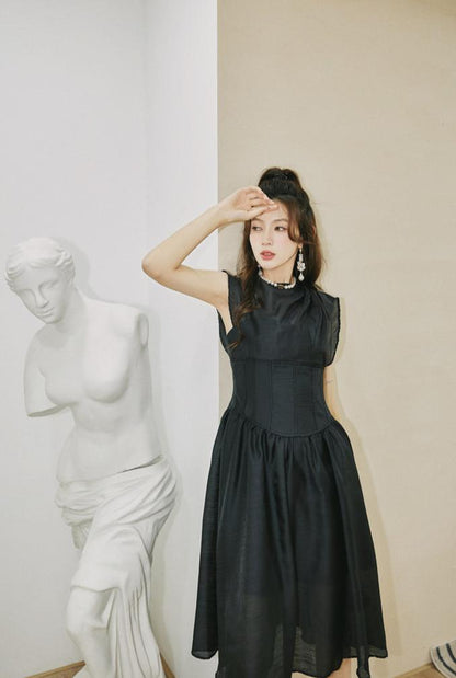 DOLLY High End Black Retro Flying Sleeve Pleated High Waist Midi Office Dress-BRANCA