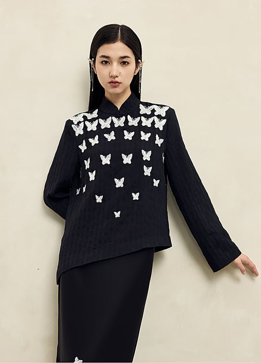 HECO Butterfly Beads Embroidered Stand-Up Collar black white T-Shirt - WORDS.