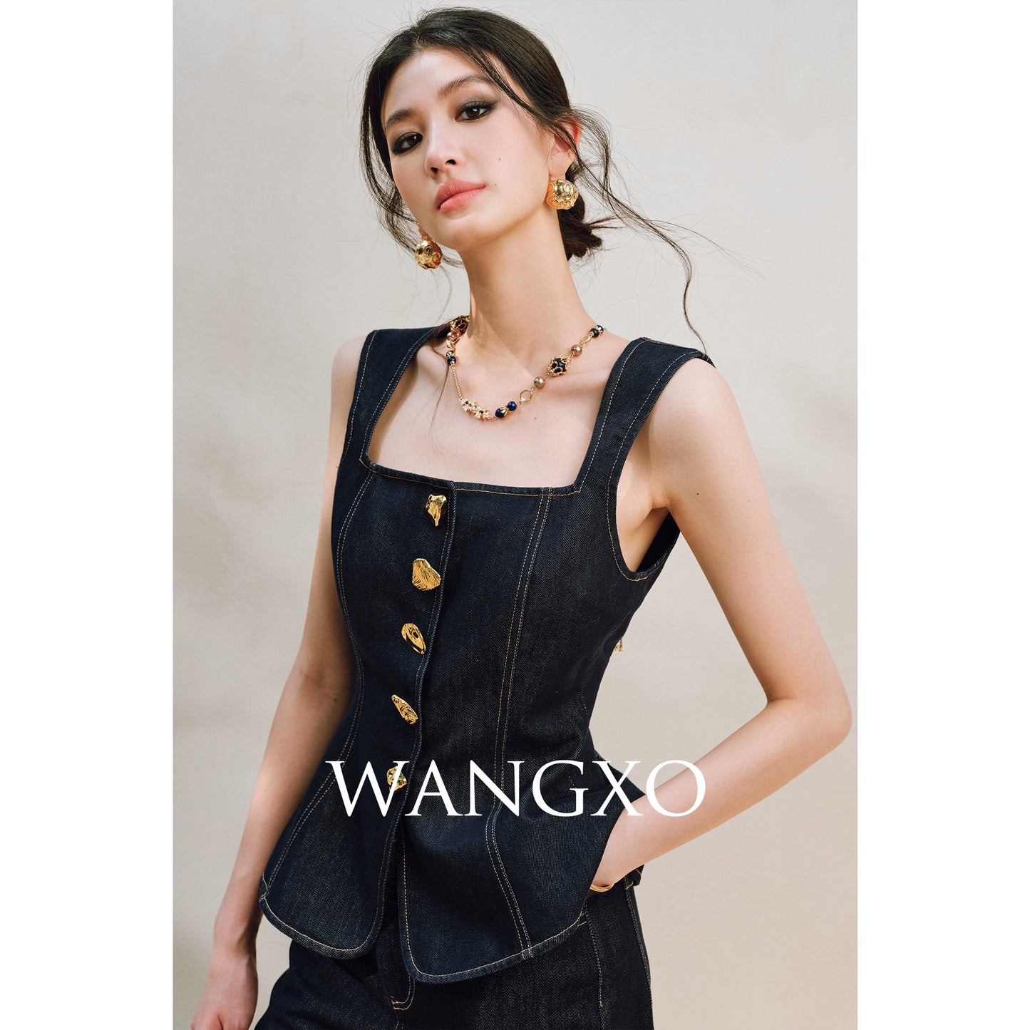 WANGXO | Light-Breathing Tencel Cotton Custom Metal Buckle Vest & Wide-Leg Pants Retro Denim Suit-YARA