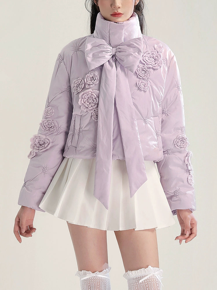 CHECOCRE Chic Gentle Romantic Style Purple Bow Cotton Jacket  - INTERPHASE