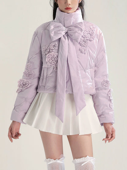CHECOCRE Chic Gentle Romantic Style Purple Bow Cotton Jacket  - INTERPHASE