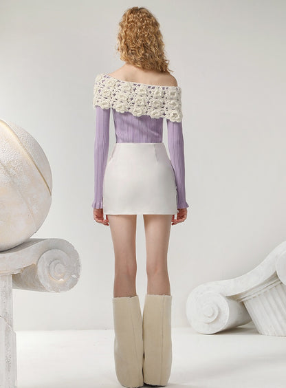 CHECOCRE Stylish Three-dimensional Handmade Flower White Hip Slim Short  Skirt - VEX