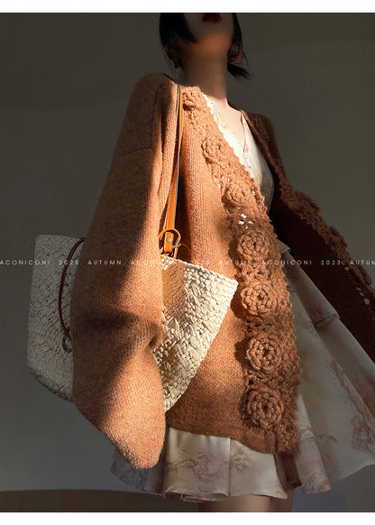 Aconiconi Luxury Loose V-Neck Long Sleeve Crochet Sweater - Camellia in the Fields