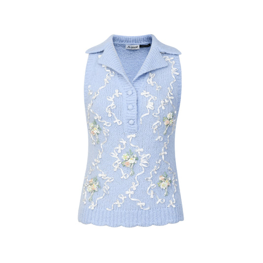 FAME Beaded Plate Floral Knitted Top Lapel Vest - ELOWEN