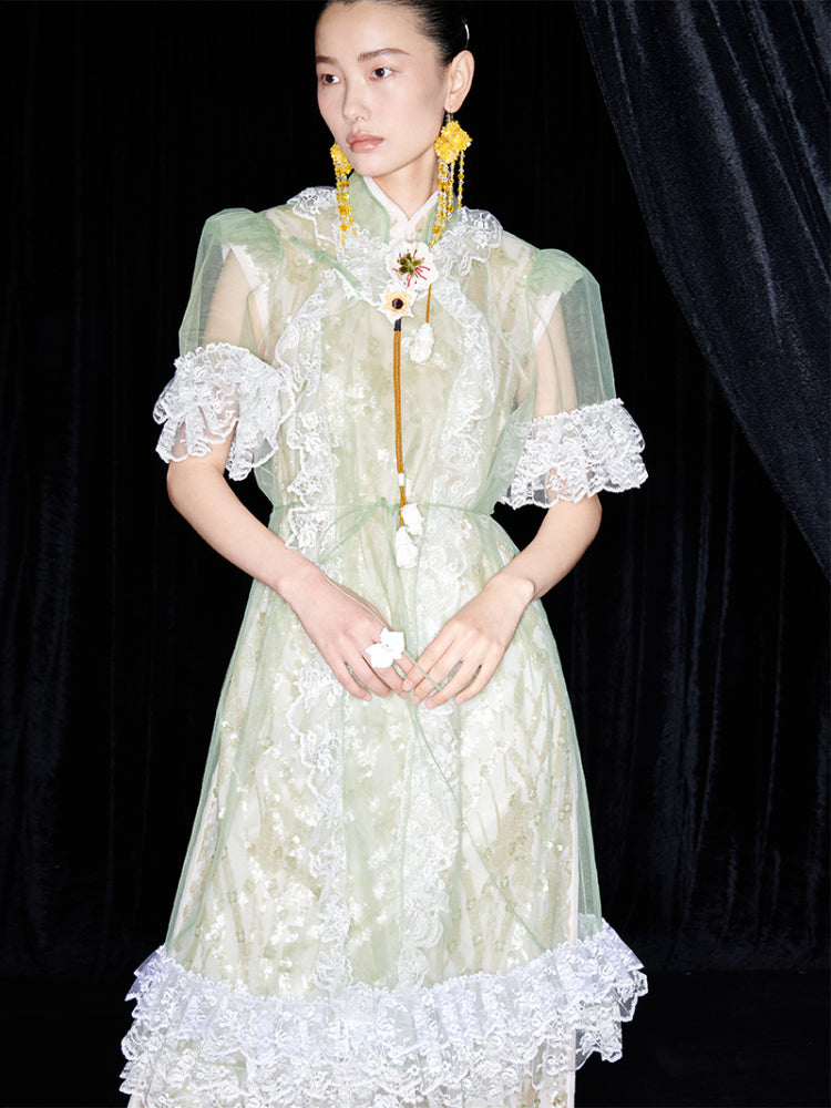 M essential Mackay designer Ear Mesh lace welt stand-up collar dress - DOUNT.