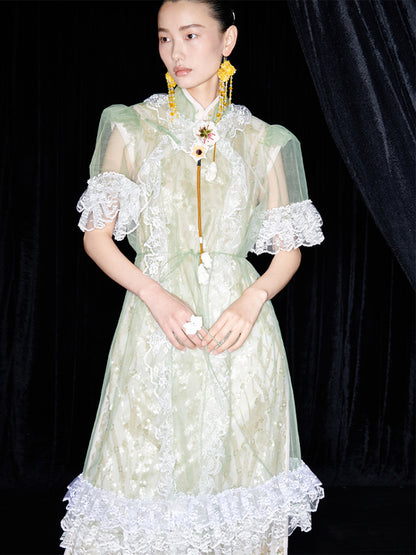 M essential Mackay designer Ear Mesh lace welt stand-up collar dress - DOUNT.