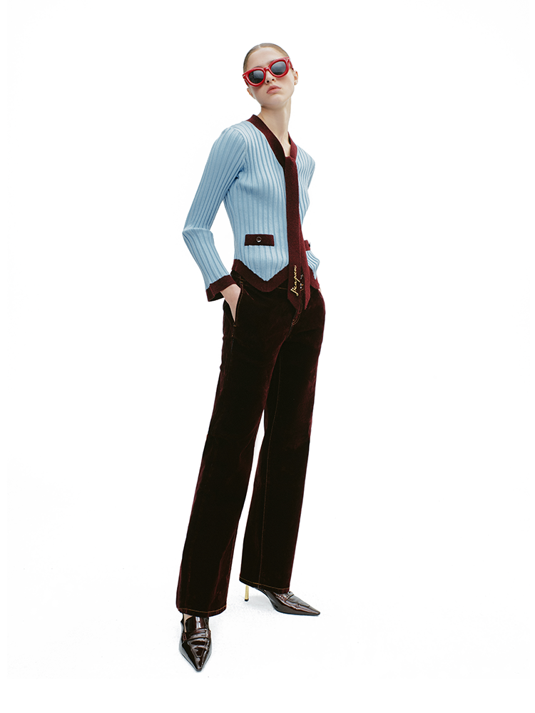 YES BY YESIR ribbed texture maroon accents scarf-tie neckline top - HEAT.