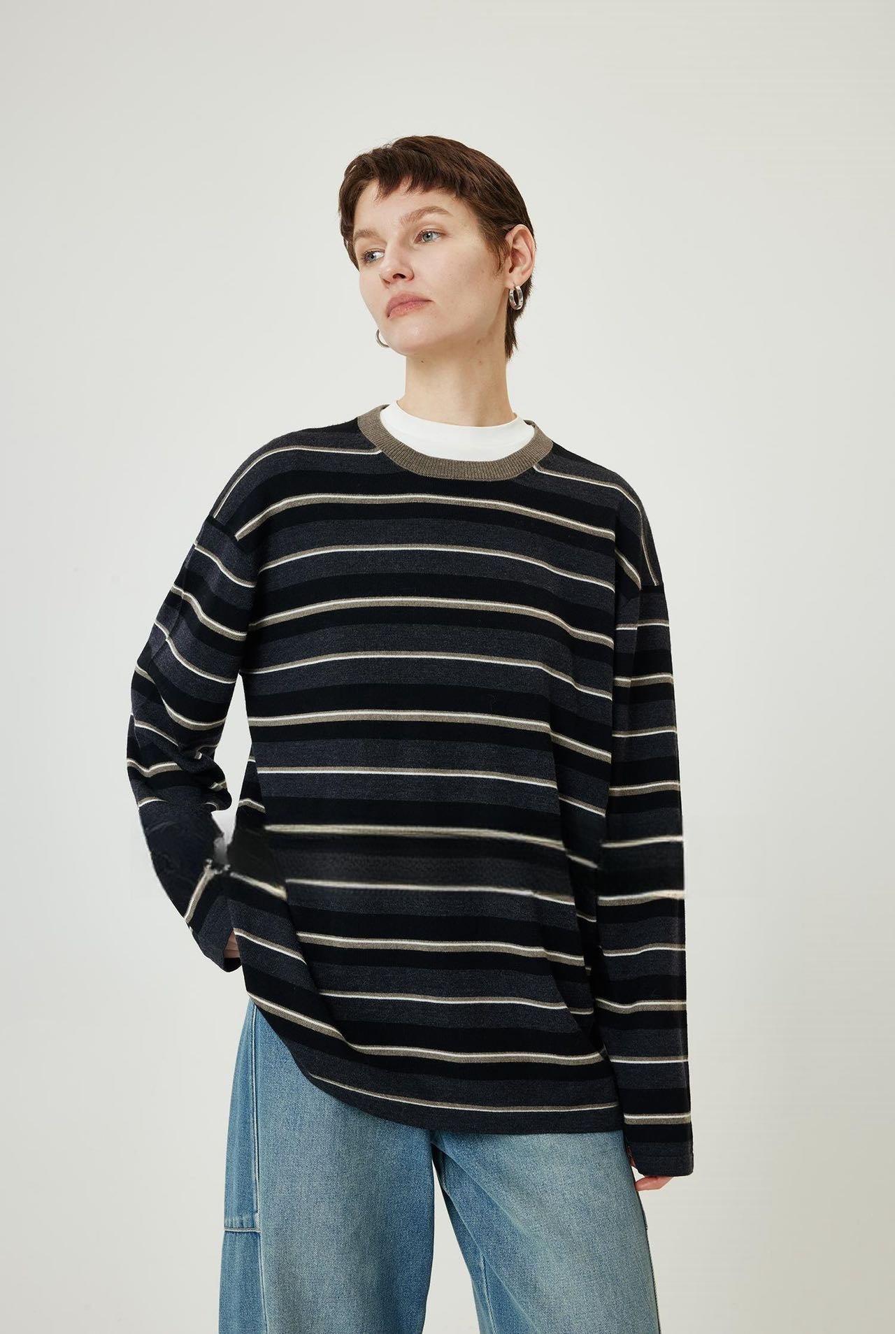 PIAOIN stripe design neutral loose long sleeve T-shirt silk wool knitwear spring-CIX