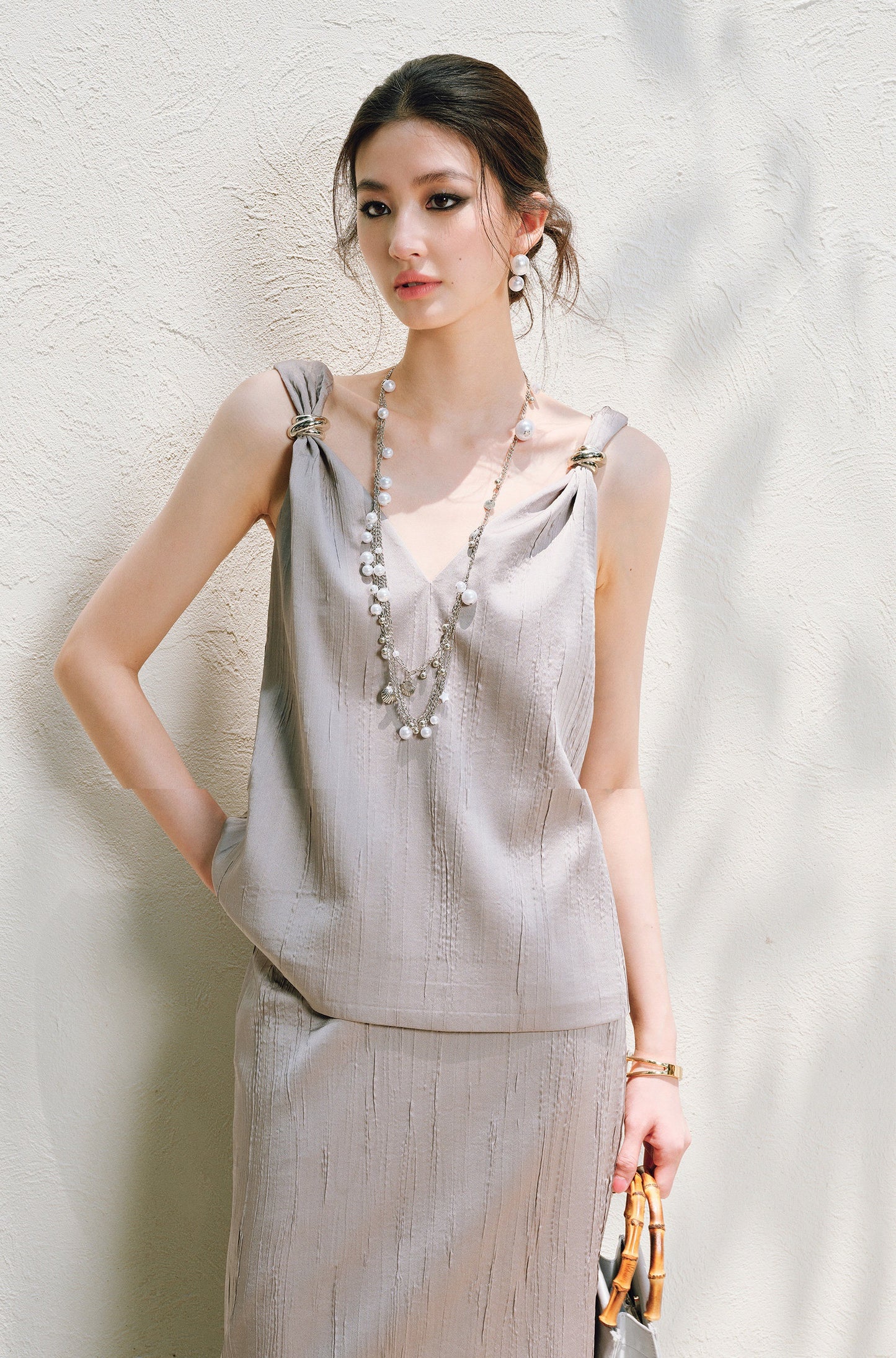 WANGXO | Lazy Precious Metal Shoulder Loop Loose Top & Straight Skirt Set with Sculpted Grace- VERA