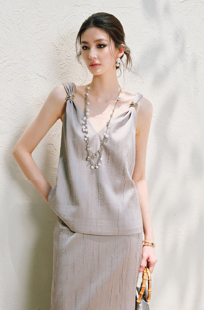 WANGXO | Lazy Precious Metal Shoulder Loop Loose Top & Straight Skirt Set with Sculpted Grace- VERA