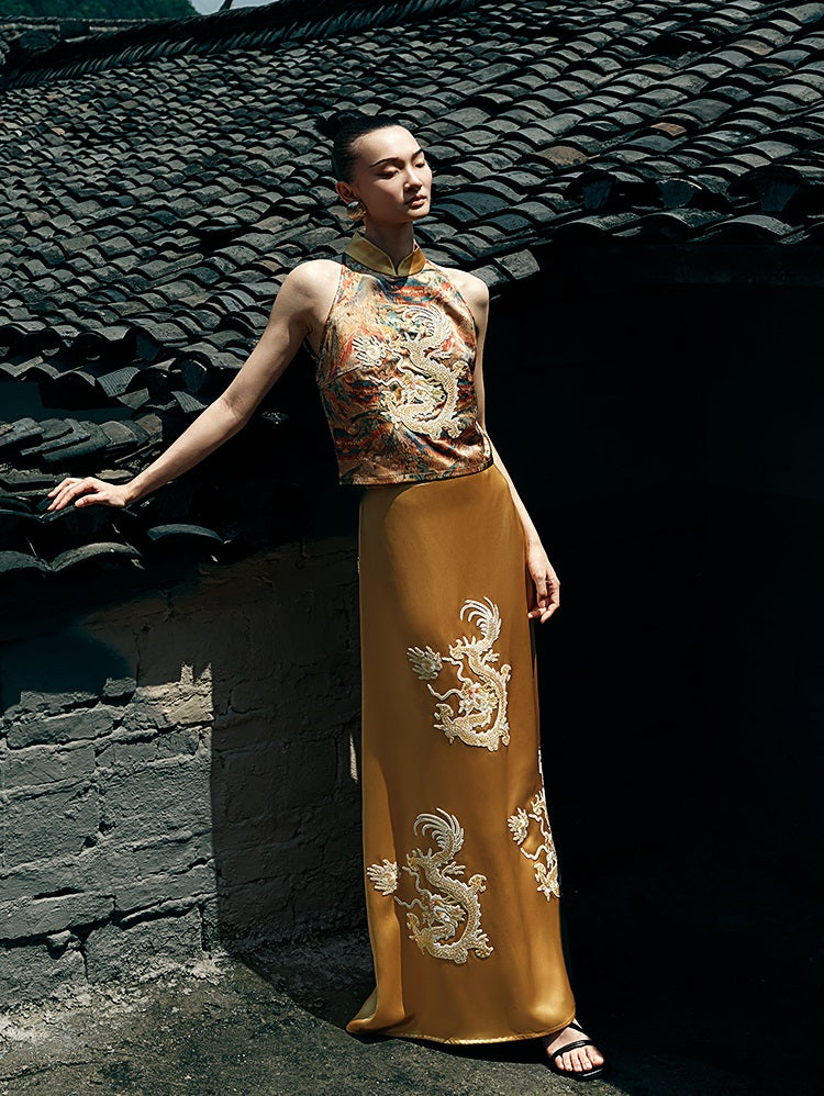 HECO Chinese Retro Mural Golden Dragon Embroidered Vest Top - ERIKA.