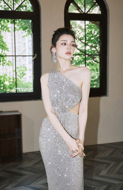 DOLLY Elegant Sliver One Shoulder Sleeveless Sparkling Slim Fit Sexy Dinner Dress-ALETA
