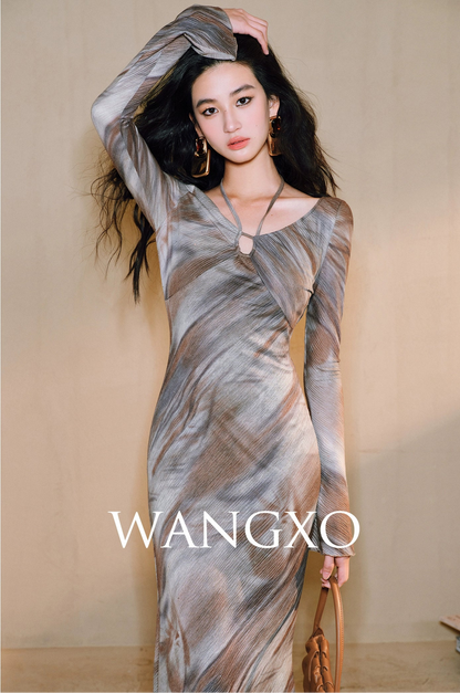 WANGXO Galaxy Muse -Starry Silver Oil-Paint  Halterneck Dress - SABLE