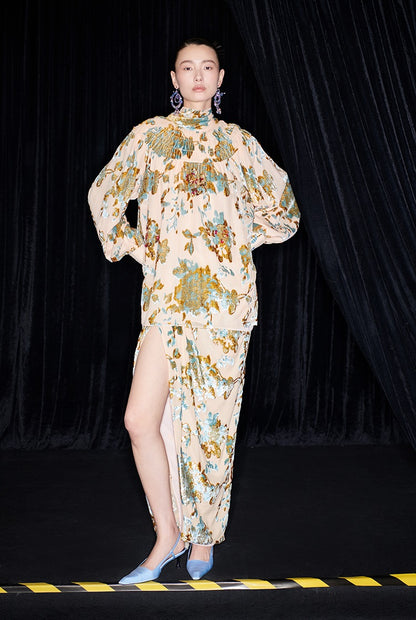 M essential Mackay designer Qili burnt floral velvet dense pleated lace-up loose top - PETER.