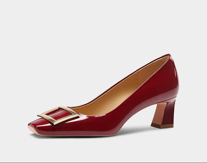 pjjuu patent red Burgundy curve block kitten heel pumps - TRUCE