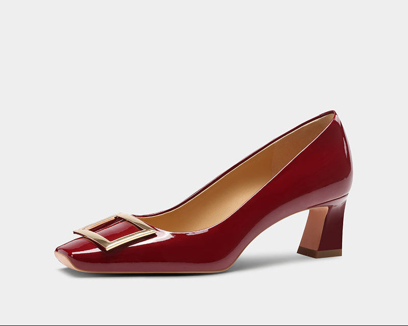 Pjjuu R Square Buckle V Red Block Heel  - CALEB